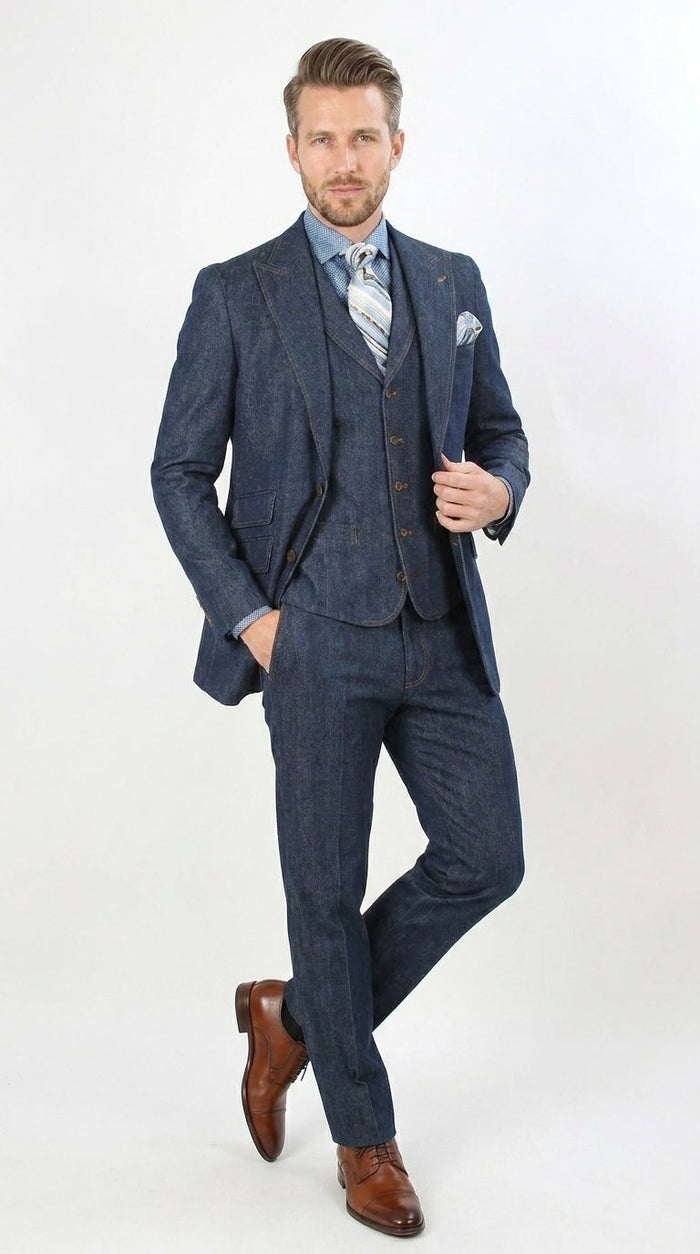 Men’s Pleated Pants Dark Blue Denim 3 Piece Suit – 100% Cotton Formal Suit Set, Blazer Vest Pants Outfit Classic Fit Athletic Fit Lose Fit