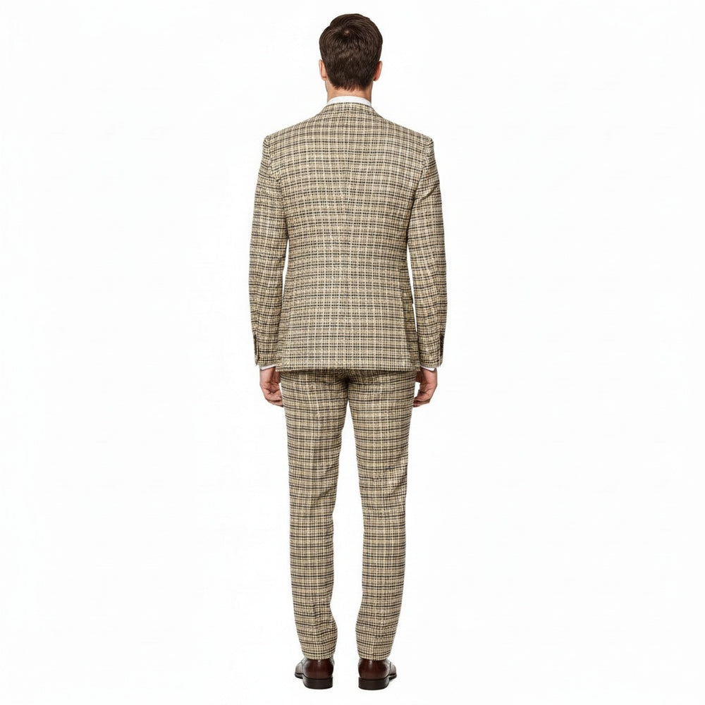 Men’s Beige and Navy Check 3-Piece Suit Set – Premium Tailored Fit Formal Wedding and Business Suit By Rossiman