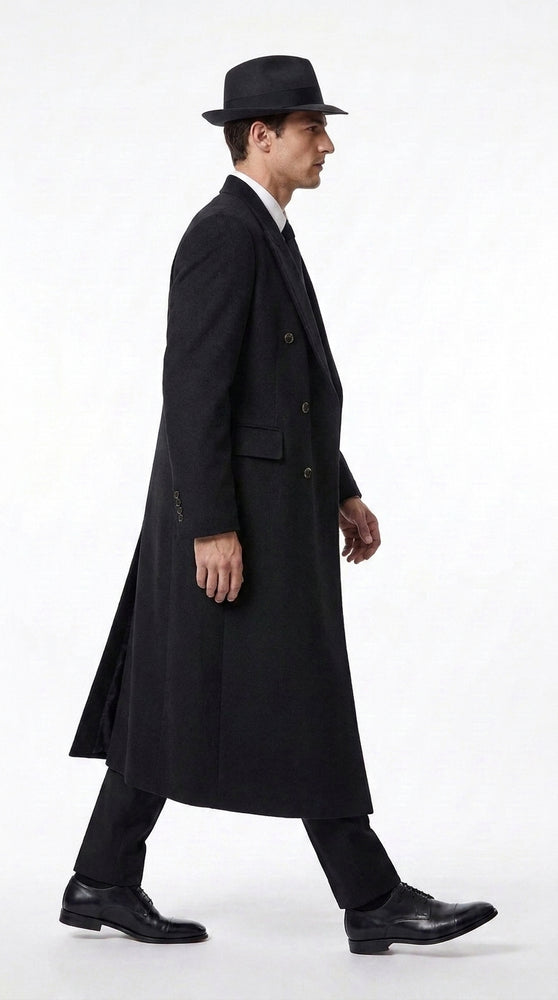 Men’s Godfather Black Double-Breasted Long Overcoat – Vintage Mobster Gangster Coat