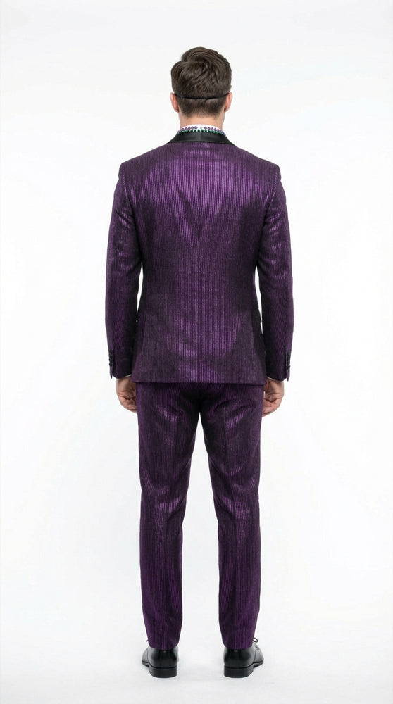 Mens Purple Shimmer Mardi Gras Suit with Black Satin Lapel – Shiny Metallic Formal Party and Carnival Suit Sequin Look