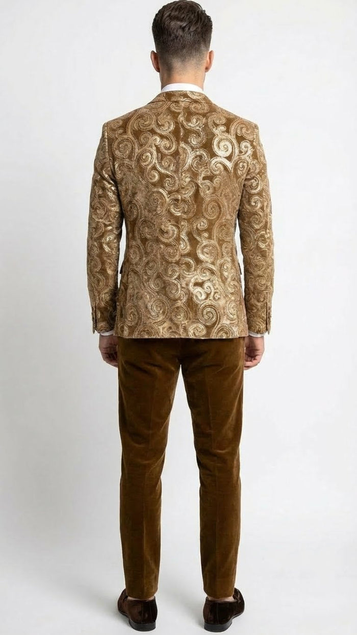 Men’s Goldish Light brown Tuxedo dinner Jacket Embroidered Blazer – Velvet Jacket for Formal Paisley Pattern Coffee Mocca Color