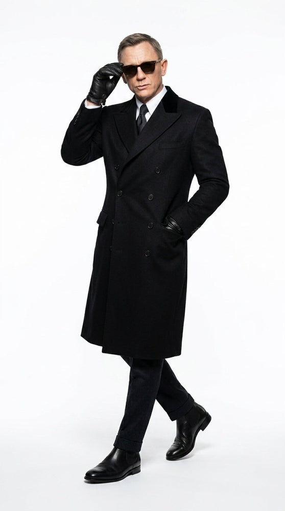 Men’s Black Double Breasted Overcoat, James Bond Inspired Long Formal Coat for Weddings, Business Events, Parties, and Winter Occasions
