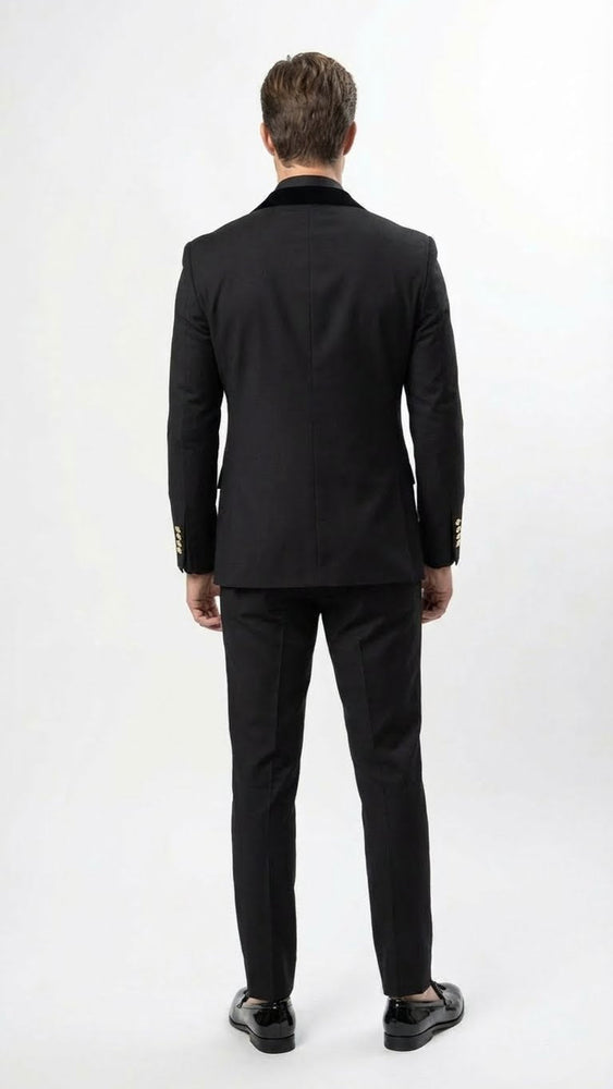 Men’s Black Double Breasted Tuxedo Suit – Luxury Formal Dinner Jacket Gold Buttons Velvet Lapel
