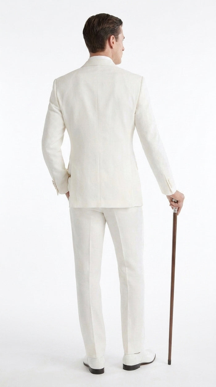 Men’s Ivory Double-Breasted Tuxedo – Vintage Wedding, Prom and Black-Tie Formal Suit off white cream