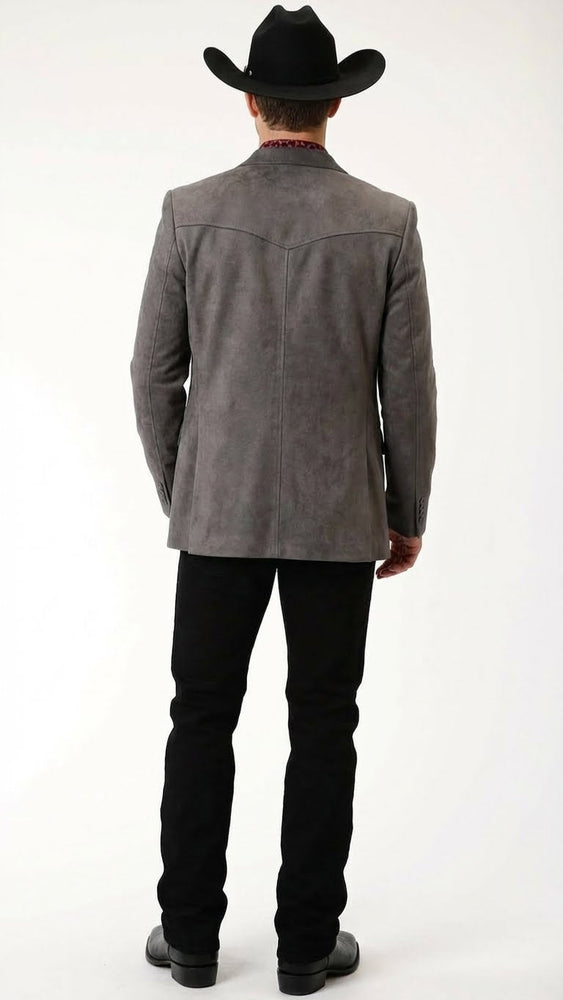 Men’s Charcoal Gray Western Faux Suede Blazer – Double Button Cowboy Jacket for Wedding & Party Wear