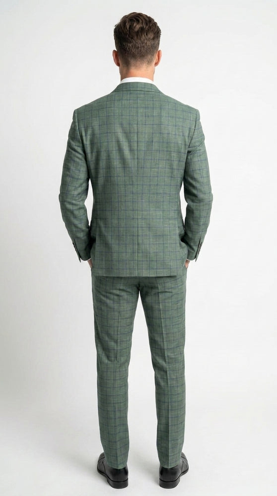 Men’s Tartan olive Green with blue checker Windowpane 2-Piece Suit – Modern Fit Plaid, Business and Formal Suit english styl