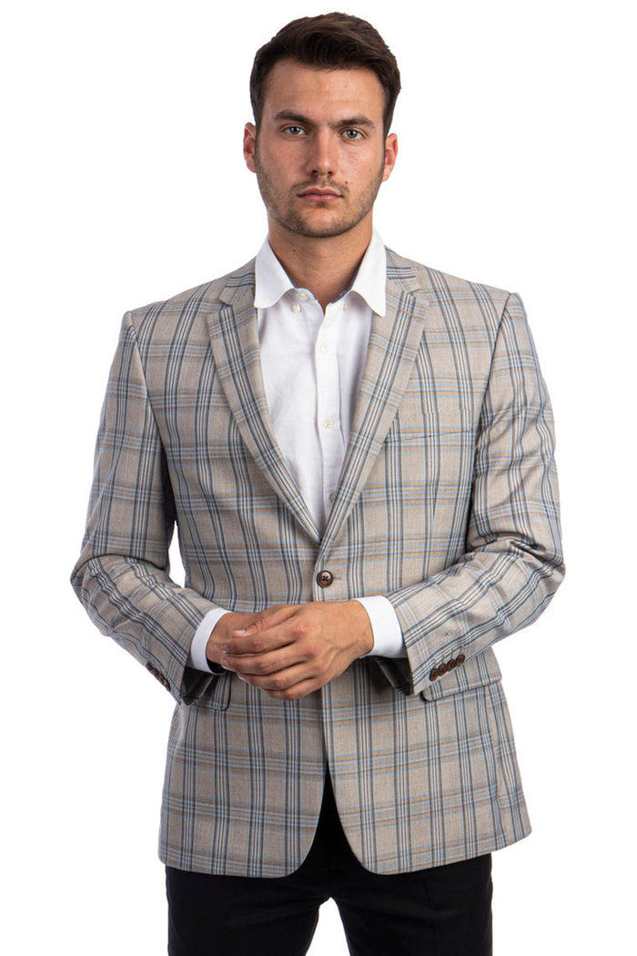 Men's Two Button Sport Coat in Tan and Windowpane Plaid