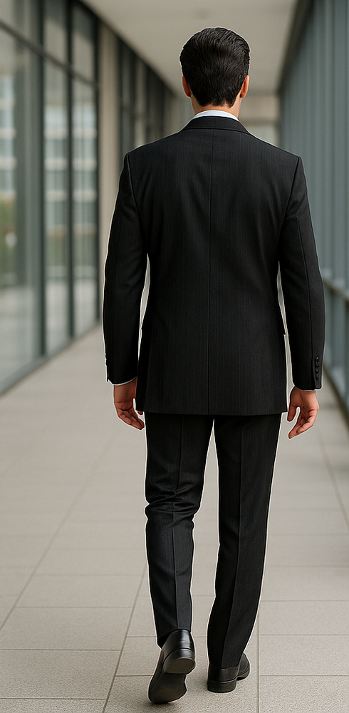 2pc Two Buttons Side Vented Pinstripe Black Stripe Suit Classic Relax Fit Pleated Pants 19 Inch Slack Regular Cut