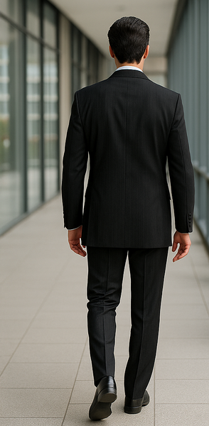 2pc Two Buttons Side Vented Pinstripe Black Stripe Suit Classic Relax Fit Pleated Pants 19 Inch Slack Regular Cut