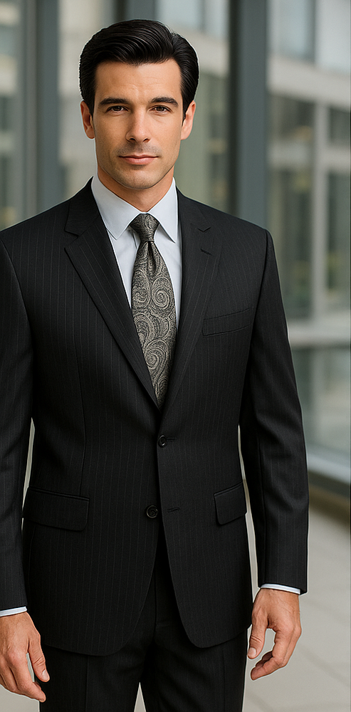 2pc Two Buttons Side Vented Pinstripe Black Stripe Suit Classic Relax Fit Pleated Pants 19 Inch Slack Regular Cut