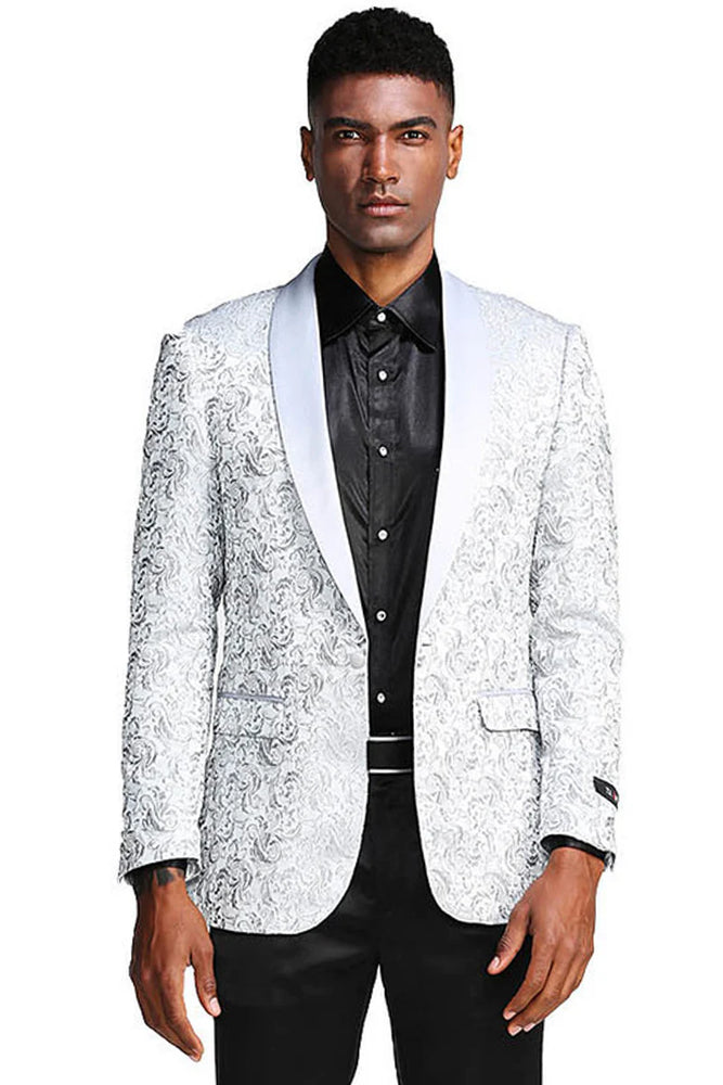 Men’s Silver Grey Tonal Paisley Tuxedo Jacket – Slim Fit Wedding & Prom Blazer