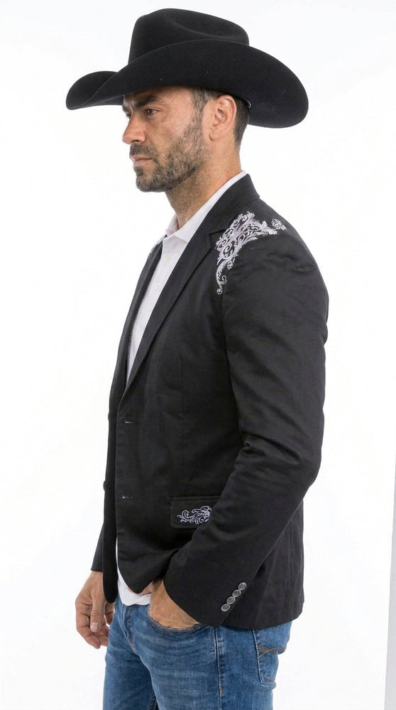 Men’s Black & White Western Blazer – Cowboy Sport Coat with Embroidered Shoulder & Back Design