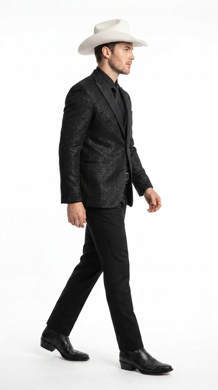 Men’s Black Western Tuxedo Blazer – Shimmer Cowboy Dinner Jacket Shiny Sparkely