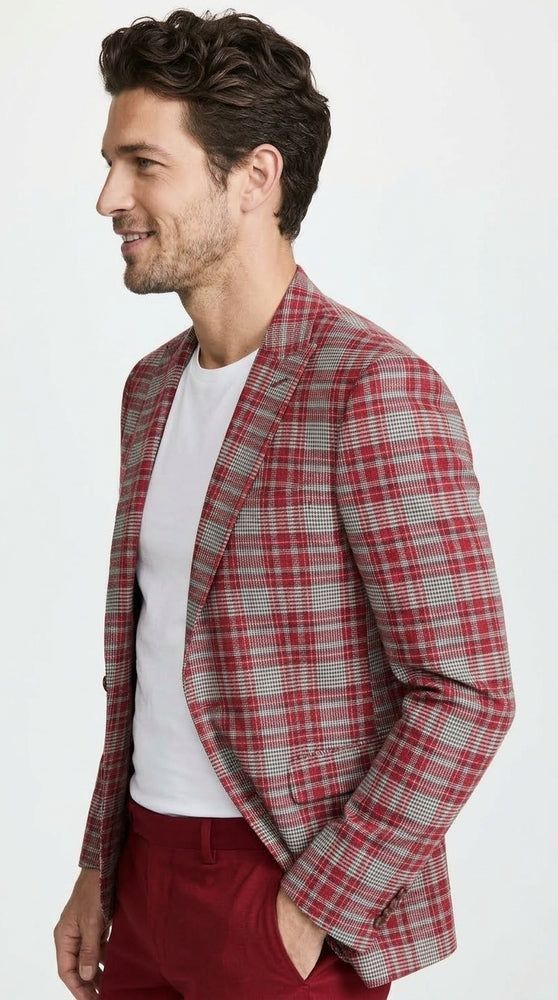 Men’s Red Tartan Plaid Blazer Checkered Sport Coat Holiday New Year  Gray Windowpane