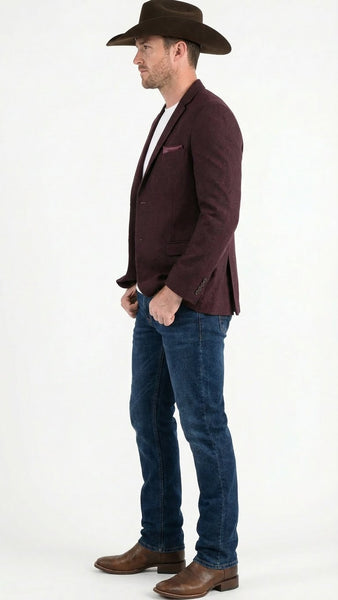 Men’s Burgundy Western  Blazer Jacket, Textured Cowboy Style Sport Coat for  - Tweed Herringbone Maroon Color