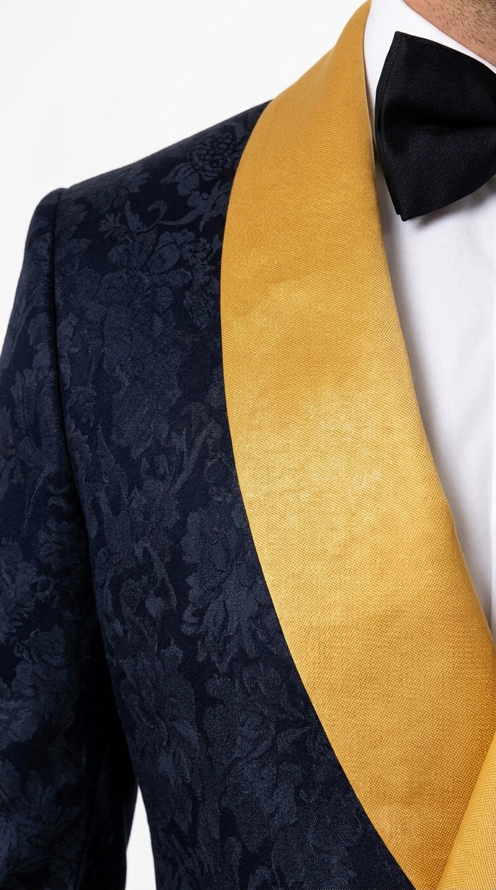 Men’s Black and Gold Hollywood Tuxedo – Double-Breasted Shawl Lapel Prom, Wedding and Formal Suit