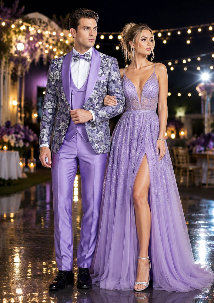 Men’s Lilac Lavender Prom Suit – Floral Shawl Lapel 3 Piece Tuxedo with Matching Vest and Pants