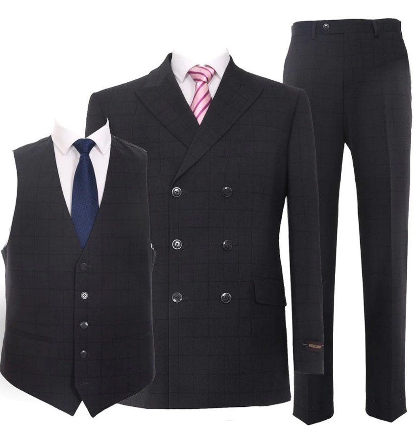 Men’s Charcoal Plaid Double-Breasted Suit –  Tailored Pants Windowpane Pattern By Rossiman main image 0
