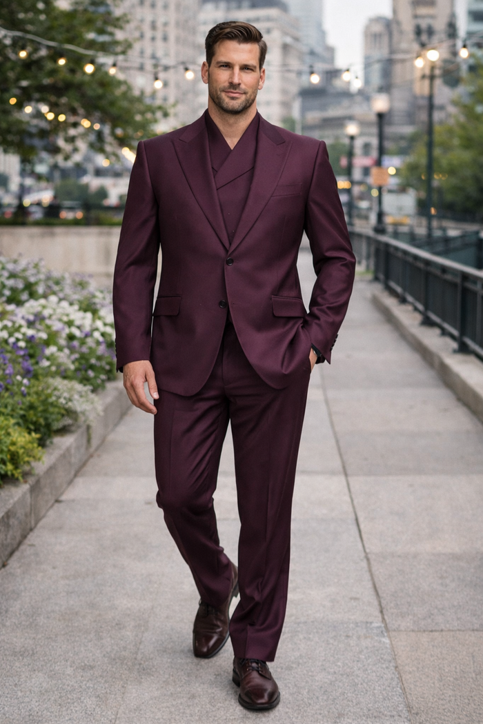 3 Piece Big Peak Lapel Burgundy Suit Vested Wide Leg Pants 1 Button Suit 100% Wool Full Cut Burgundy ~ Wine ~ Vest Maroon Suit