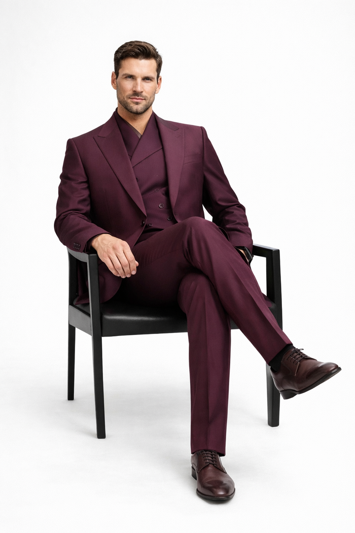 3 Piece Big Peak Lapel Burgundy Suit Vested Wide Leg Pants 1 Button Suit 100% Wool Full Cut Burgundy ~ Wine ~ Vest Maroon Suit