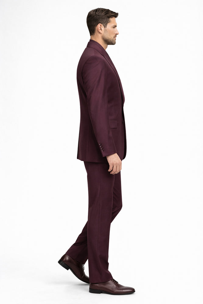 3 Piece Big Peak Lapel Burgundy Suit Vested Wide Leg Pants 1 Button Suit 100% Wool Full Cut Burgundy ~ Wine ~ Vest Maroon Suit