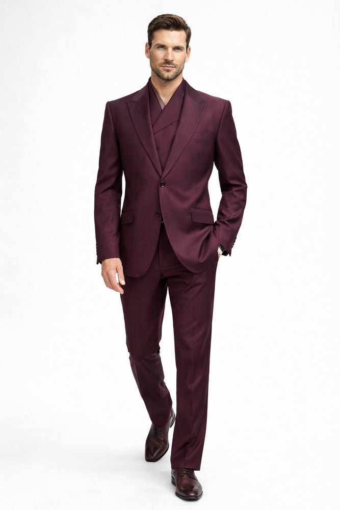 3 Piece Big Peak Lapel Burgundy Suit Vested Wide Leg Pants 1 Button Suit 100% Wool Full Cut Burgundy ~ Wine ~ Vest Maroon Suit