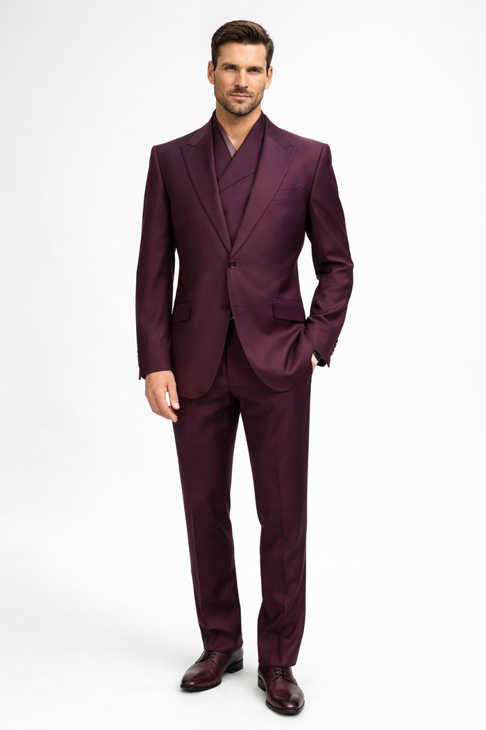 3 Piece Big Peak Lapel Burgundy Suit Vested Wide Leg Pants 1 Button Suit 100% Wool Full Cut Burgundy ~ Wine ~ Vest Maroon Suit