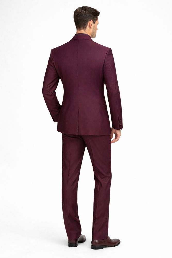 3 Piece Big Peak Lapel Burgundy Suit Vested Wide Leg Pants 1 Button Suit 100% Wool Full Cut Burgundy ~ Wine ~ Vest Maroon Suit