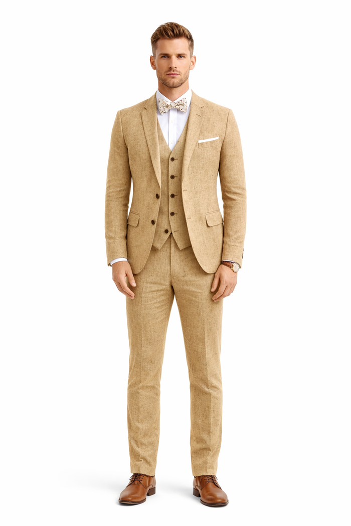 3 Piece Linen Suit - Khaki Mens Suit - Vested summer Suit