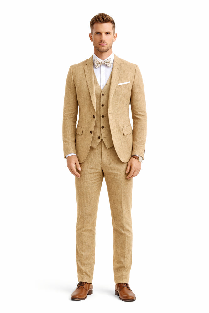 3 Piece Linen Suit - Khaki Mens Suit - Vested summer Suit