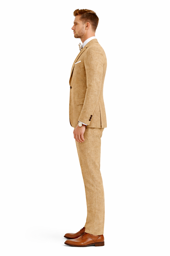3 Piece Linen Suit - Khaki Mens Suit - Vested summer Suit