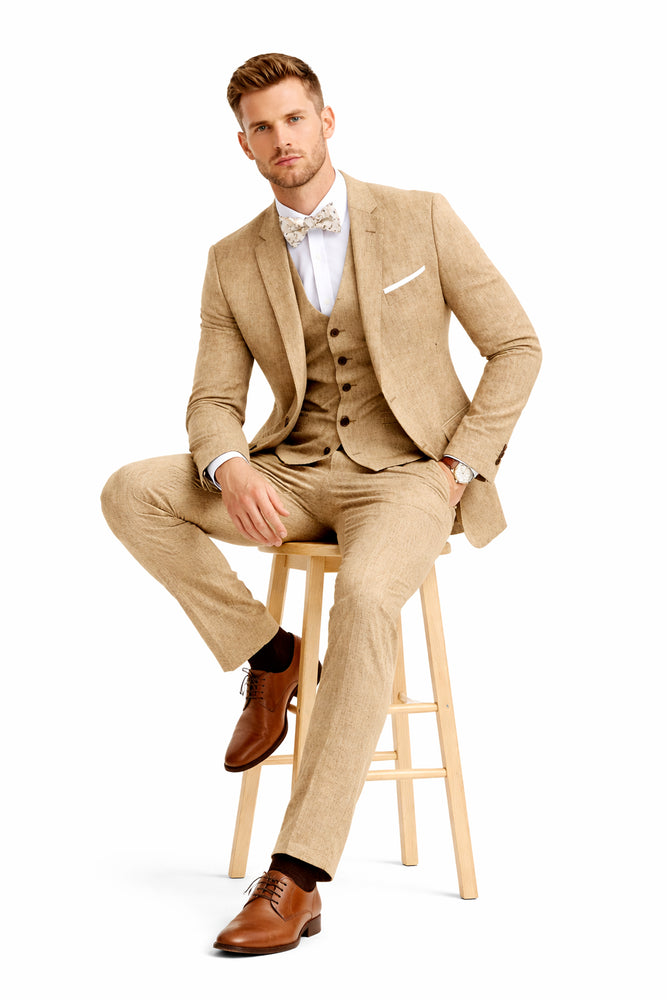 3 Piece Linen Suit - Khaki Mens Suit - Vested summer Suit