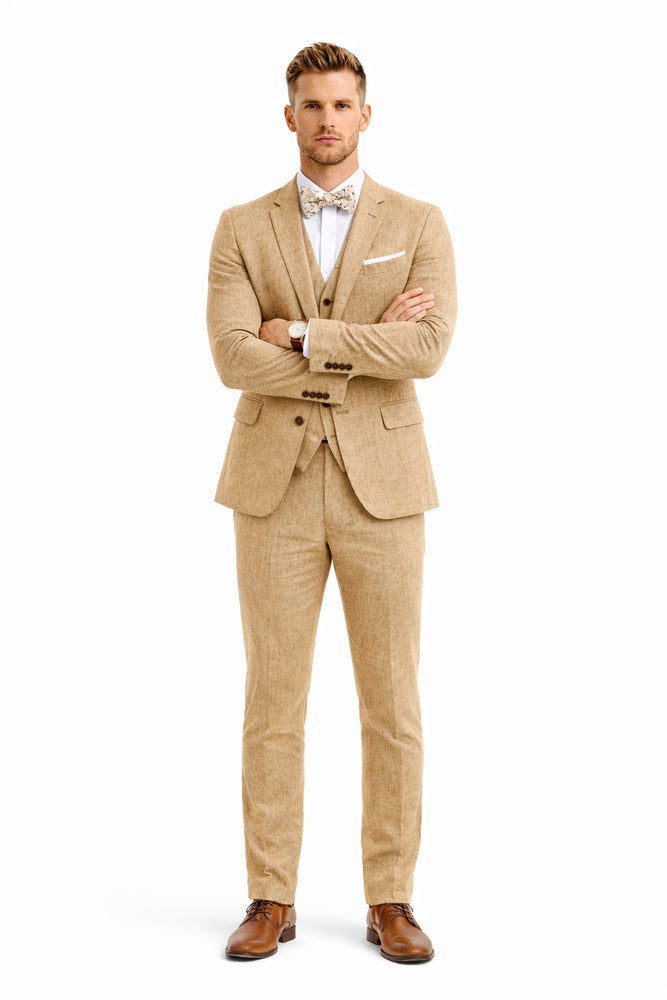 3 Piece Linen Suit - Khaki Mens Suit - Vested summer Suit