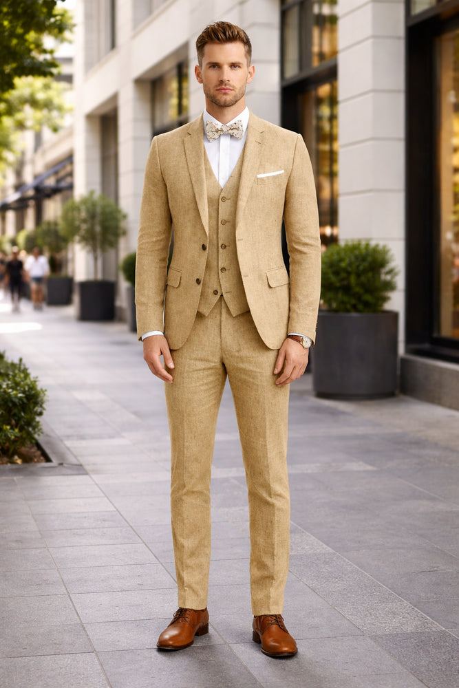 3 Piece Linen Suit - Khaki Mens Suit - Vested summer Suit