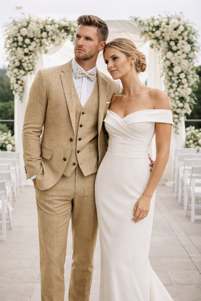 3 Piece Linen Suit - Khaki Mens Suit - Vested summer Suit