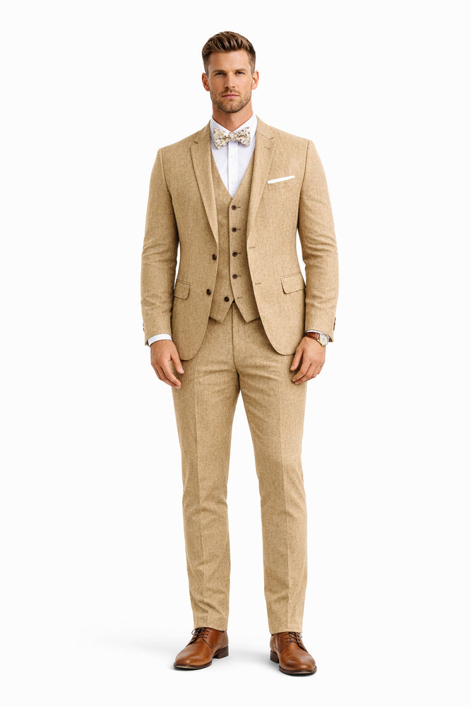 3 Piece Linen Suit - Khaki Mens Suit - Vested summer Suit