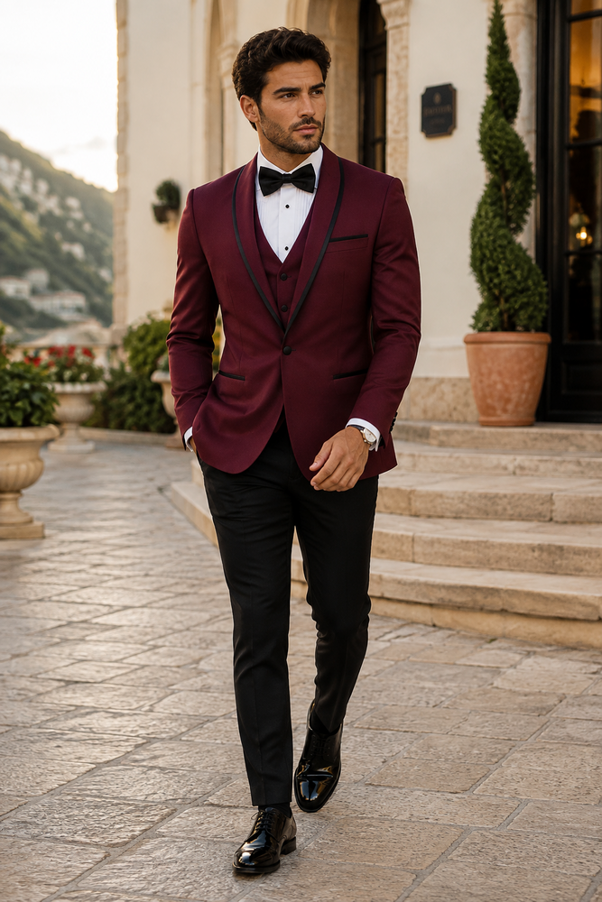 3-Piece Tailored Fit Wool Suit with Bow Tie and Flat Front Pants - Burgundy