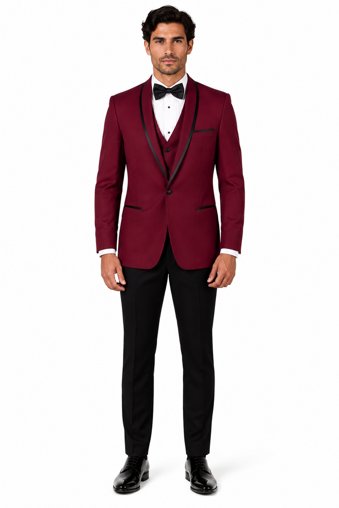 3-Piece Tailored Fit Wool Suit with Bow Tie and Flat Front Pants - Burgundy