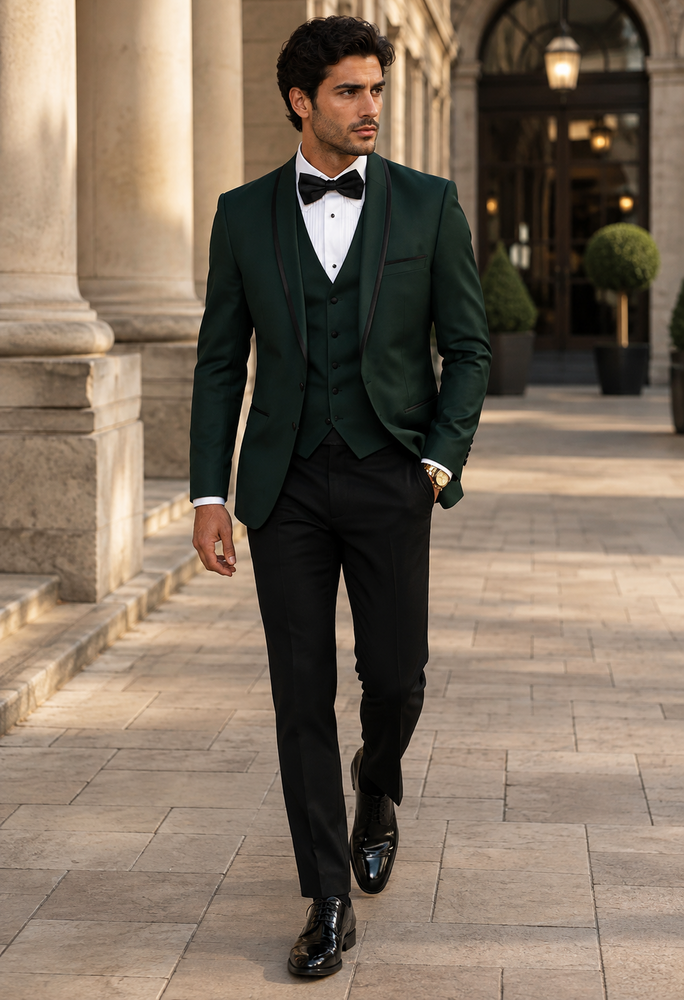 3-Piece Tailored Fit Wool Suit with Bow Tie and Flat Front Pants - Hunter