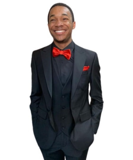 Black Paisley Blazer With Red Trim Collar + Black Pants - Prom 2025 Suit