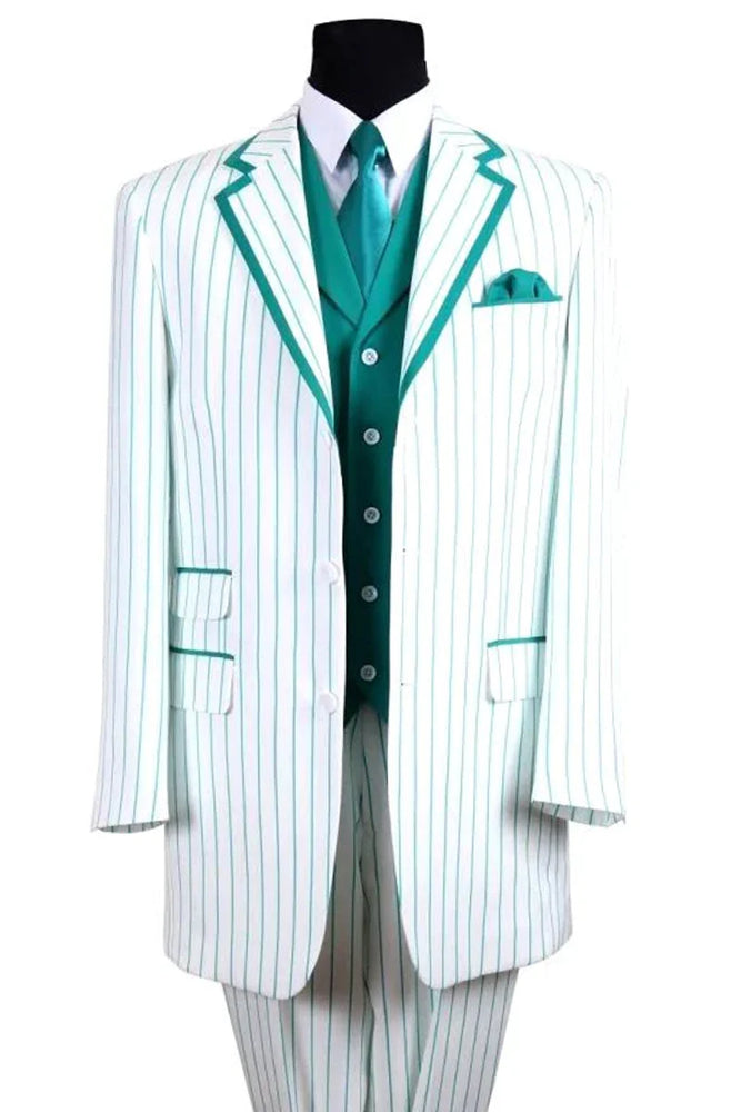Candy Stripe Suit Mens 3 Button Vested Barbershop Quartet Suin in White with Turquoise Pinstripes