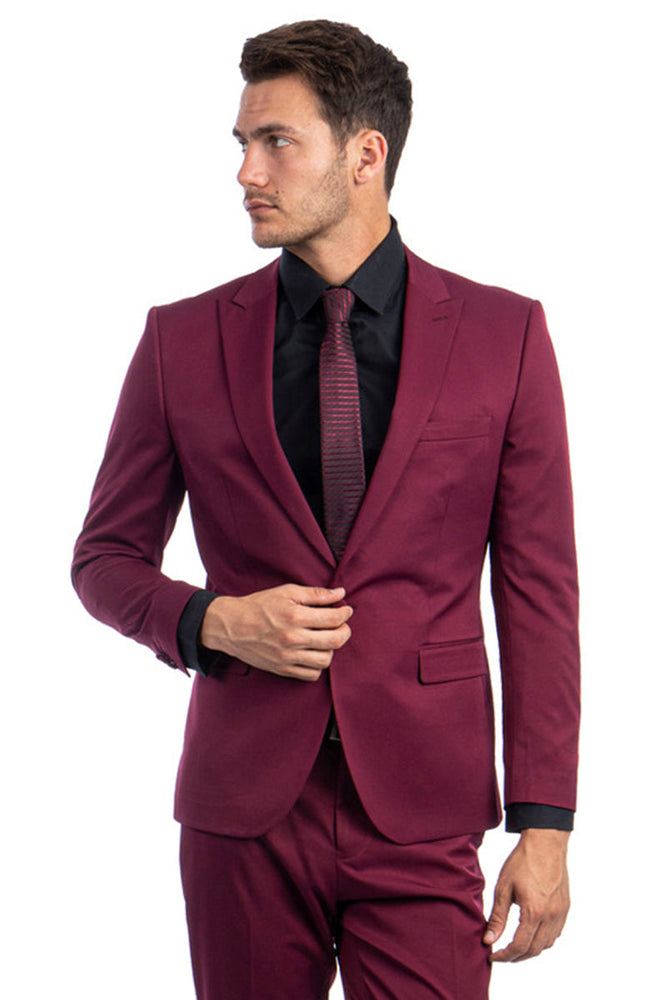 Men's Burgundy Slim Fit Suit with One Button Peak Lapel