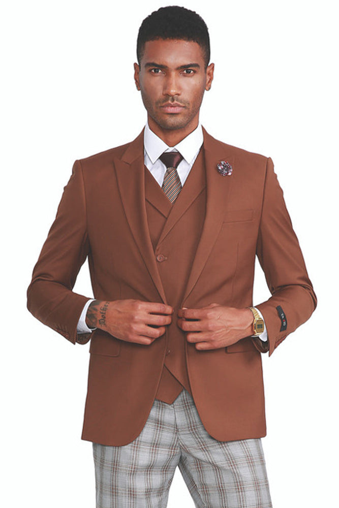 Men's One Button Vested Suit in Dark Camel Cognac