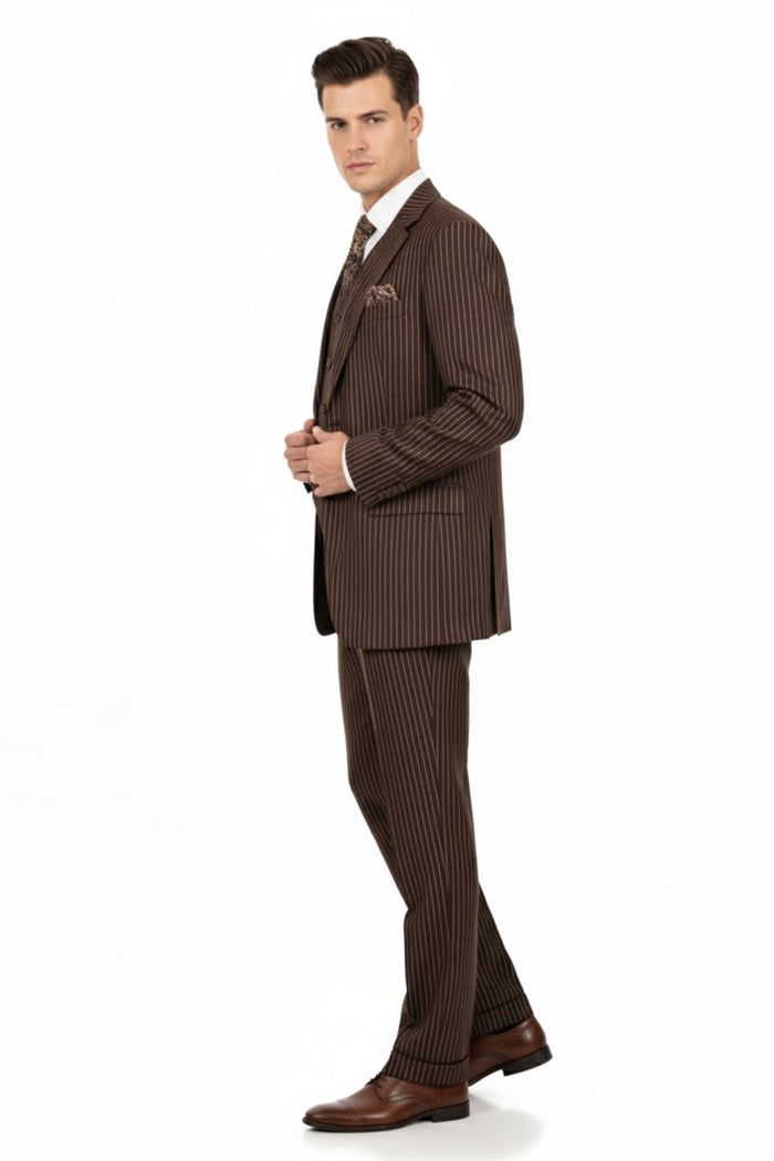 Men’s Brown Pinstripe 3-Piece Suits – Classic Business and Formal Wear with Vest