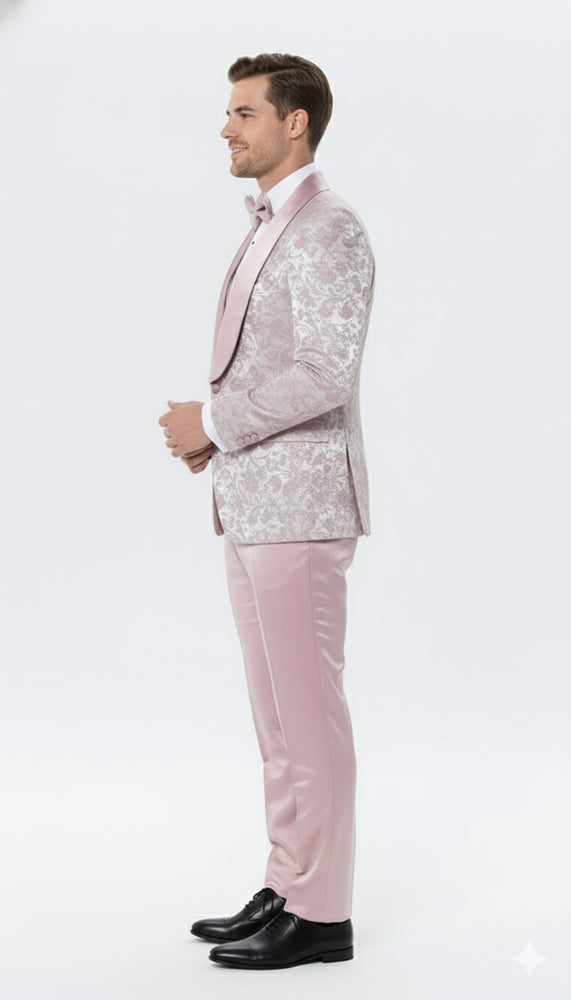 Men’s Light Pink Dusty Rose -  Floral Tuxedo Suit – Luxury Satin Shawl Lapel 3-Piece Formal Wedding and Prom Suit in Blush Mauve color