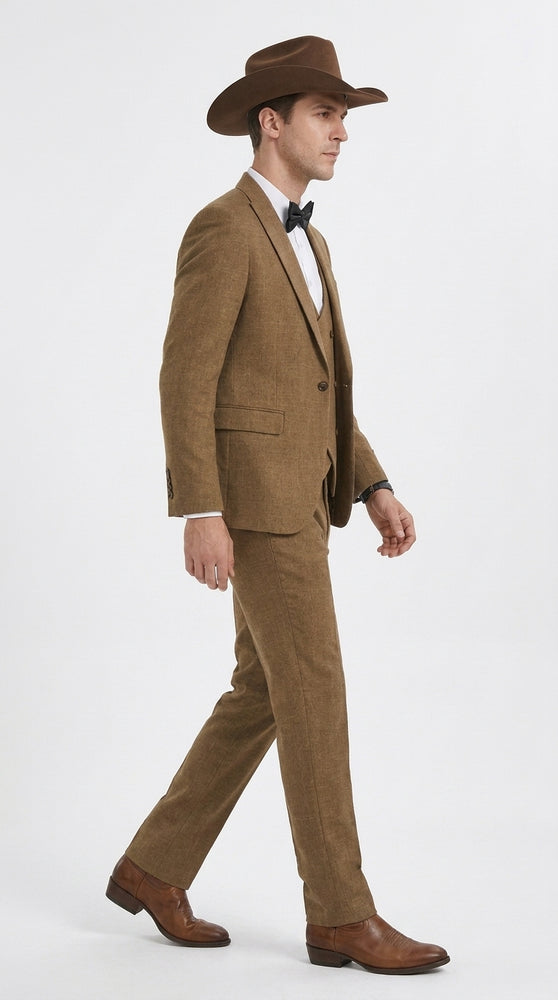Men’s Light Brown Western 3-Piece Suit – Cowboy Wedding Suit with Vest British Khaki Bronze Color