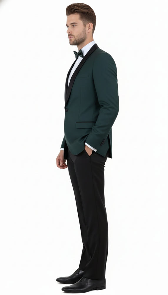 Men’s Green Tuxedo Suit – Slim Fit Jacket with Black Satin Shawl Lapel and Black Pants in Hunter Green