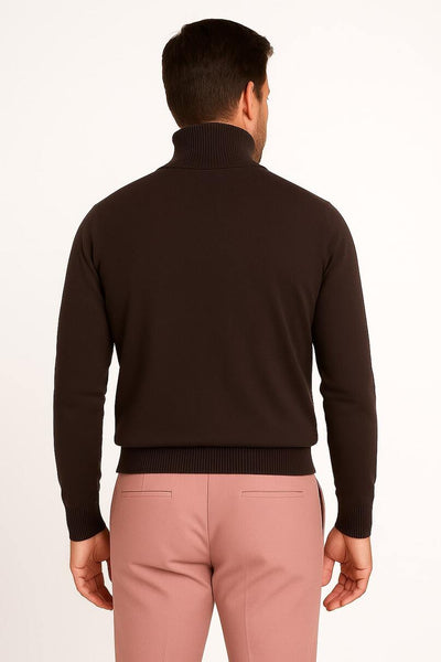 Men's Brown Turtleneck Sweater – Classic Slim Fit Knit Pullover for Fall and Winter