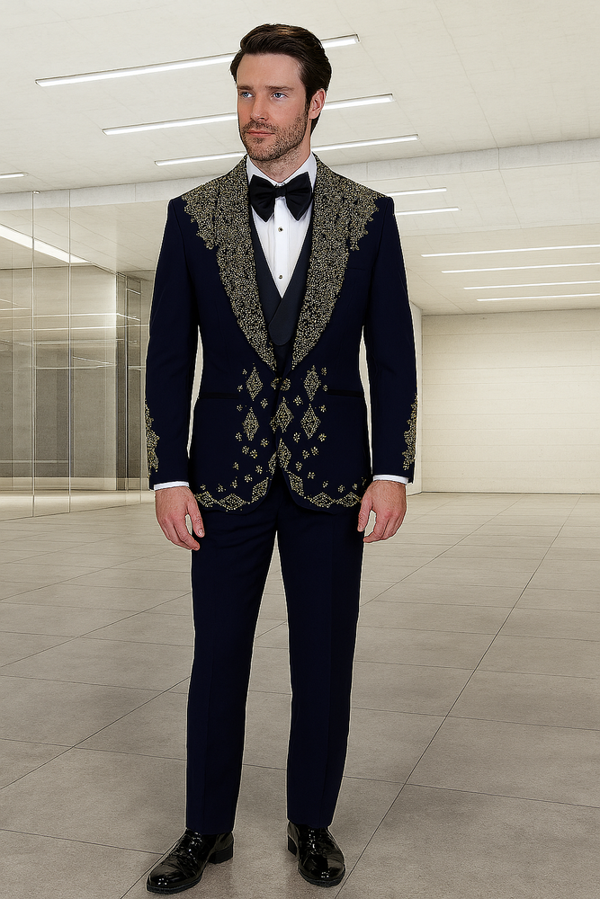 Men’s Navy Tuxedos with Gold Embroidery – Slim Fit Formal Dinner Jacket with Shawl Lapel