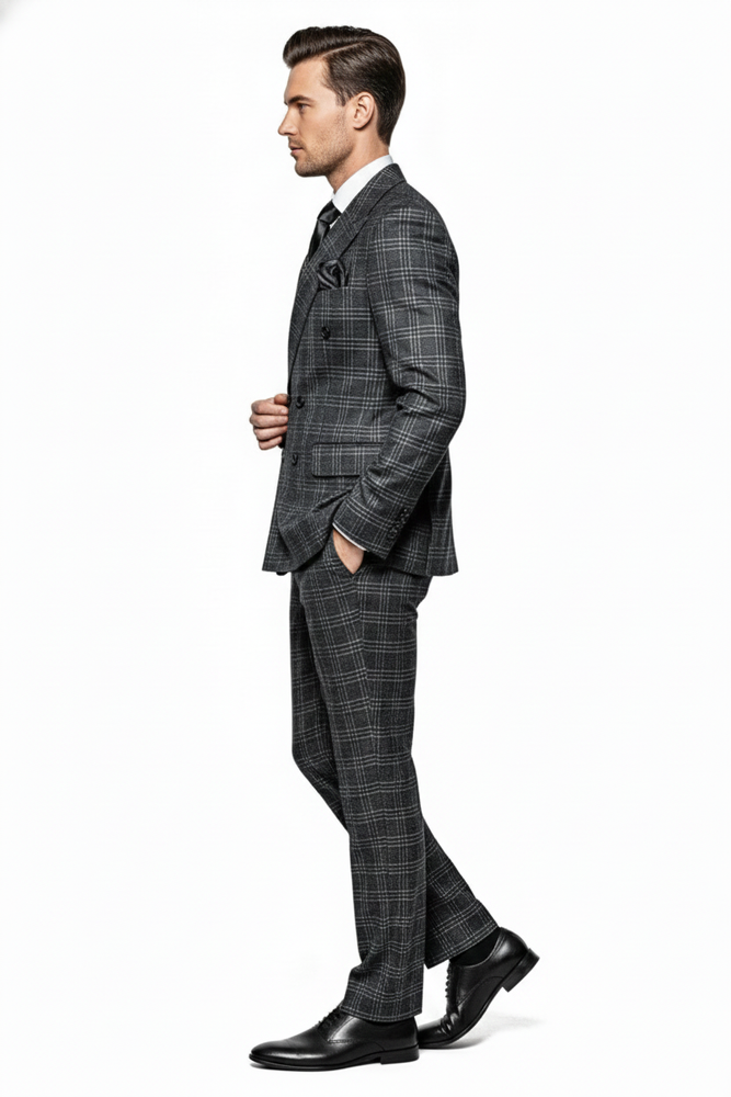 Men’s Charcoal Plaid Double-Breasted Suits –  Tailored Pants Windowpane Pattern By Rossiman